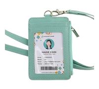 Porte-badge 2 en 1 avec cordon, porte-carte d’identité vertical en similicuir PU avec 1 fenêtre transparente pour carte d’identité, 4 emplacements pour cartes de crédit, 1 poche latérale zippée