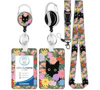 Porte-badge avec bobine rétractable - Cordon de protection vertical pour infirmière, médecin, enseignant, étudiant - Motif chat noir et fleurs