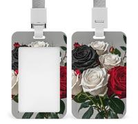 Porte-badge avec cordon amovible, étanche, motif roses noires, blanches et rouges pour bureau, lieu de travail