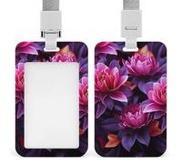 Porte-badge avec cordon de suspension, motif feuilles de fleurs violettes et rouges - Étui de protection vertical pour carte d'identité - Porte-badge multi-usage pour bureau, enseignant, infirmière