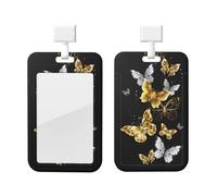 Porte-badge avec cordon détachable pour carte d'identité avec motif papillons blancs dorés et noirs, pour médecin, enseignant, infirmière, personnel de bureau