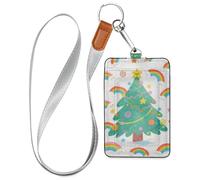 Porte-badge avec cordon et porte-carte pour 3 cartes - Motif arbre de Noël coloré - Arc-en-ciel - Pour bureau, hôpital et permis de conduire