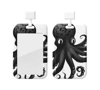 Porte-badge avec cordon - Motif pieuvre - Noir - Avec clip rétractable et cordon tour de cou amovible - Pour clés et cartes d'accès