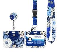 Porte Badge avec Cordon,Tour de Cou Badge avec Porte-Cartes,Porte Badge Enrouleur, Strap Neck avec Swivel Lobster Clasp pour Porte Badges d'Identification (Blue and White Flower)