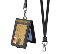 Porte-Badge avec Cordon Tour de Cou, Porte-Cartes d'Identité en Cuir | PU Double Face avec Fenêtre Transparente, Protection Pochettes pour Carte de Visite, Carte d'Étudiant, Carte de Bus, Noir
