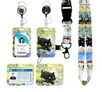 Porte-badge avec Lanière - Étui Badge avec Cordon & Enrouleur Rétractable, Lanière avec Porte-carte pour Bureau, École, Événements - Durable, Sécurisé, Confortable (Chat lotus)