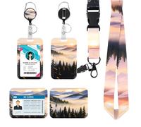 Porte-badge avec Lanière - Étui Badge avec Cordon & Enrouleur Rétractable, Lanière avec Porte-carte pour Bureau, École, Événements - Durable, Sécurisé, Confortable (Lever de soleil en forêt)