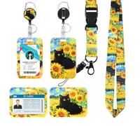 Porte-badge avec Lanière - Étui Badge avec Cordon & Enrouleur Rétractable, Lanière avec Porte-carte pour Bureau, École, Événements - Durable, Sécurisé, Confortable (Chat tournesol)