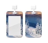 Porte-badge avec lanière - Motif coucher de soleil - Imprimé montagnes d'hiver - Étanche - Pour carte d'identité - Cordon tour de cou amovible - Porte-étiquette transparent