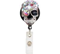 Porte-badge coloré en forme de tête de mort avec strass rétractable, porte-badge avec pince crocodile pivotante pour enseignants, étudiants, infirmières, médecins