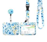 Porte Badge Cordon Tour de Cou, Porte-cartes avec Swivel Lobster Clasp Rétractable pour Cartes d'transport d'étudiant d'infirmière, Carte de Bureau (Fleur bleue)