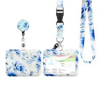 Porte Badge Cordon Tour de Cou, Porte-cartes avec Swivel Lobster Clasp Rétractable pour Cartes d'transport d'étudiant d'infirmière, Carte de Bureau (Fleur bleue et blanche)