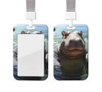 Porte-badge coulissant avec cordon, étui de protection transparent pour carte d'identité verticale, motif hippopotames mignons, idéal pour le personnel infirmier et les fournitures de bureau.