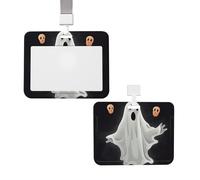 Porte-badge coulissant avec lanière - Étui de protection en plastique avec fenêtre transparente - Pour carte d'identité, de crédit, porte-nom - Noir et fantôme d'Halloween - Fournitures de bureau
