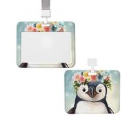 Porte-badge coulissant avec lanière - Étui de protection en plastique avec fenêtre transparente - Pour carte d'identité, de crédit, porte-nom - Pingouin portant des fleurs - Pour infirmière, médecin