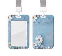 Porte-badge coulissant avec lanière - Étui de protection en plastique avec fenêtre transparente - Pour carte d'identité, de crédit, porte-nom - Fleurs blanches - Bleu clair - Pour infirmière, médecin
