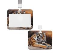 Porte-badge coulissant avec lanière - Étui de protection en plastique avec fenêtre transparente - Pour carte d'identité, de crédit, porte-nom - Tigre allongé sur bois - Pour infirmière, médecin