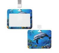 Porte-badge coulissant avec lanière - Étui de protection en plastique avec fenêtre transparente pour carte d'identité, de crédit, porte-nom - Dauphin dans le récif corallien - Pour infirmière, médecin