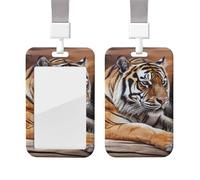 Porte-badge coulissant avec lanière - Étui de protection en plastique avec fenêtre transparente - Pour carte d'identité, de crédit, porte-nom - Tigre allongé sur bois - Pour infirmière, médecin