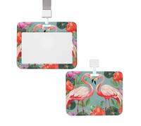 Porte-badge coulissant avec lanière - Étui de protection en plastique avec fenêtre transparente - Pour carte d'identité, de crédit, porte-badge, flamant rose, fleurs d'amour - Fournitures de bureau