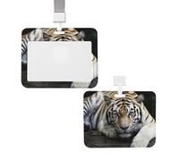 Porte-badge coulissant avec lanière - Étui de protection en plastique avec fenêtre transparente - Pour carte d'identité, de crédit, porte-nom - Tigre couché sur rocher - Fournitures de bureau