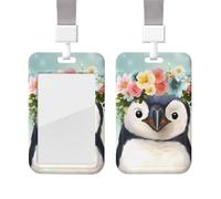 Porte-badge coulissant avec lanière - Étui de protection en plastique avec fenêtre transparente - Pour carte d'identité, de crédit, porte-nom - Pingouin portant des fleurs - Pour infirmière, médecin