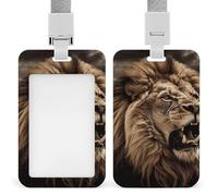 Porte-badge coulissant avec lanière - Porte-badge en forme de lion en colère - Protecteur de carte avec fenêtre transparente pour étiquette d'identité, pour le travail, le bureau, les médecins, les