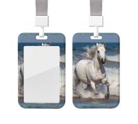 Porte-badge coulissant avec lanière - Porte-carte d'identité vertical - Cheval blanc courant sur la mer - Pochette de protection en plastique avec fenêtre transparente pour cartes de crédit pour