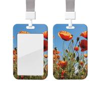 Porte-badge coulissant avec lanière - Porte-carte d'identité vertical - Coquelicots sur ciel bleu - Étui de protection en plastique avec fenêtre transparente pour cartes d'identité, cartes de crédit