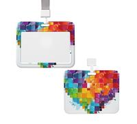 Porte-badge coulissant avec lanière - Porte-carte d'identité vertical en forme de cœur coloré - Étui en plastique avec fenêtre transparente - Pochette de protection pour cartes de crédit pour