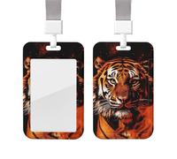 Porte-badge coulissant avec lanière - Porte-carte d'identité vertical en forme de tigre dans le feu - Pochette de protection en plastique avec fenêtre transparente pour infirmière, officier,