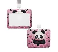 Porte-badge coulissant avec lanière - Porte-carte d'identité vertical en plastique à motif panda rose - Pochette de protection avec fenêtre transparente pour cartes d'identité, cartes de crédit pour