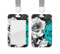 Porte-badge coulissant avec lanière - Porte-carte d'identité vertical en plastique avec étiquette nominative - Noir, blanc, bleu sarcelle, gris, rose, étui de protection avec fenêtre transparente pour