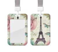 Porte-badge coulissant avec lanière - Porte-carte d'identité vertical en plastique avec étiquette nominative rétro libellule française - Pochette de protection avec fenêtre transparente pour