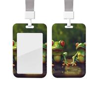 Porte-badge coulissant avec lanière - Porte-carte d'identité vertical en plastique - Motif grenouilles vertes - Pochette de protection avec fenêtre transparente pour infirmière, officier, enseignant