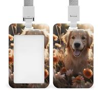 Porte-badge coulissant avec lanière - Porte-carte d'identité vertical - Golden retriever et fleurs - Pochette de protection en plastique avec fenêtre transparente pour infirmière, officier,