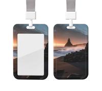 Porte-badge coulissant avec lanière - Porte-carte d'identité vertical - Lever de soleil sur la plage de Reynisfjara - Étui en plastique avec fenêtre transparente - Pochette de protection pour cartes