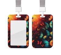 Porte-badge coulissant avec lanière - Porte-carte d'identité vertical - Motif papillon coloré - Étui en plastique avec fenêtre transparente - Pochette de protection pour cartes de crédit pour