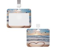 Porte-badge coulissant avec lanière verticale en plastique en forme de cœur romantique pour cartes de plage, pochette de protection avec fenêtre transparente pour cartes d'identité, cartes de crédit