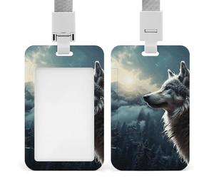 Porte-badge coulissant avec motif loup la nuit - Pour porte-badge vertical - Pour lanière - Étanche - Pour médecin, enseignant, infirmière