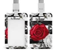 Porte-badge coulissant coulissant à rayures noires et blanches avec motif de rose rouge pour dragonne, porte-nom, porte-nom pour médecin, enseignant, infirmière
