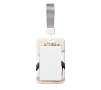 Porte-badge coulissant en plastique avec motif pingouin portant des fleurs - Pour homme et femme - Avec lanière - Pour bureau