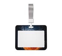 Porte-badge coulissant en plastique dur avec lanière - Étanche - Porte-carte avec fenêtre transparente - Motif basketball sur le feu et éclaboussures de flammes d'eau - Pour homme et femme