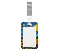 Porte-badge coulissant en plastique rigide avec motif chat noir volant au-dessus d'un champ de tournesol pour infirmières et bureau