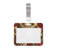 Porte-badge coulissant en plastique rigide avec motif léopard avec roses rouges pour cartes de travail, porte-nom pour infirmières et bureau