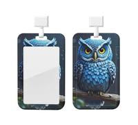 Porte-badge coulissant en plastique vertical pour bureau - Motif hibou bleu - Étui de protection pour carte d'identité de travail pour permis de conduire, d'infirmière