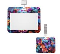 Porte-badge coulissant horizontal en plastique avec fenêtre transparente - Fleurs et papillons - Étui de protection en plastique rigide pour cartes de crédit - Pour bureau