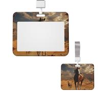 Porte-badge coulissant horizontal en plastique avec fenêtre transparente - Motif cheval dans le désert - Étui de protection pour cartes d'identité et cartes de crédit pour bureau