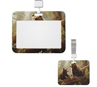 Porte-badge coulissant horizontal en plastique avec fenêtre transparente - Ours mignons jouant dans l'arbre - Étui de protection en plastique rigide pour cartes d'identité et de crédit pour bureau