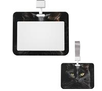 Porte-badge coulissant horizontal en plastique avec fenêtre transparente - Porte-badge en forme de chat noir - Étui de protection pour cartes d'identité et cartes de crédit pour bureau